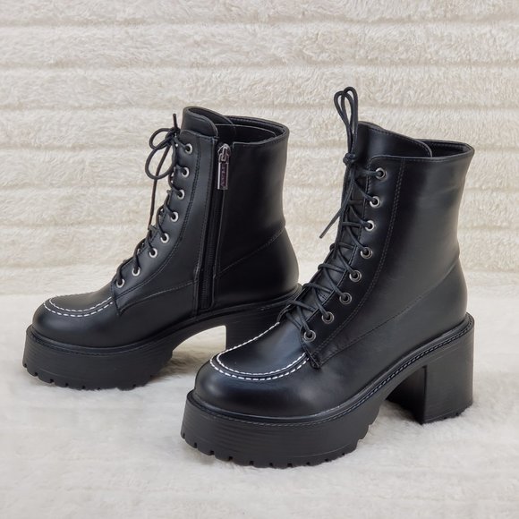 Light Weight Wood Look Chunky Platform Combat Boots in Black - Picture 1 of 10